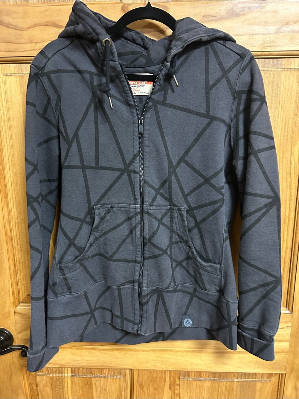 American Giant Charcoal Gray Zip-Up Hoodie with Black Geometric Print
